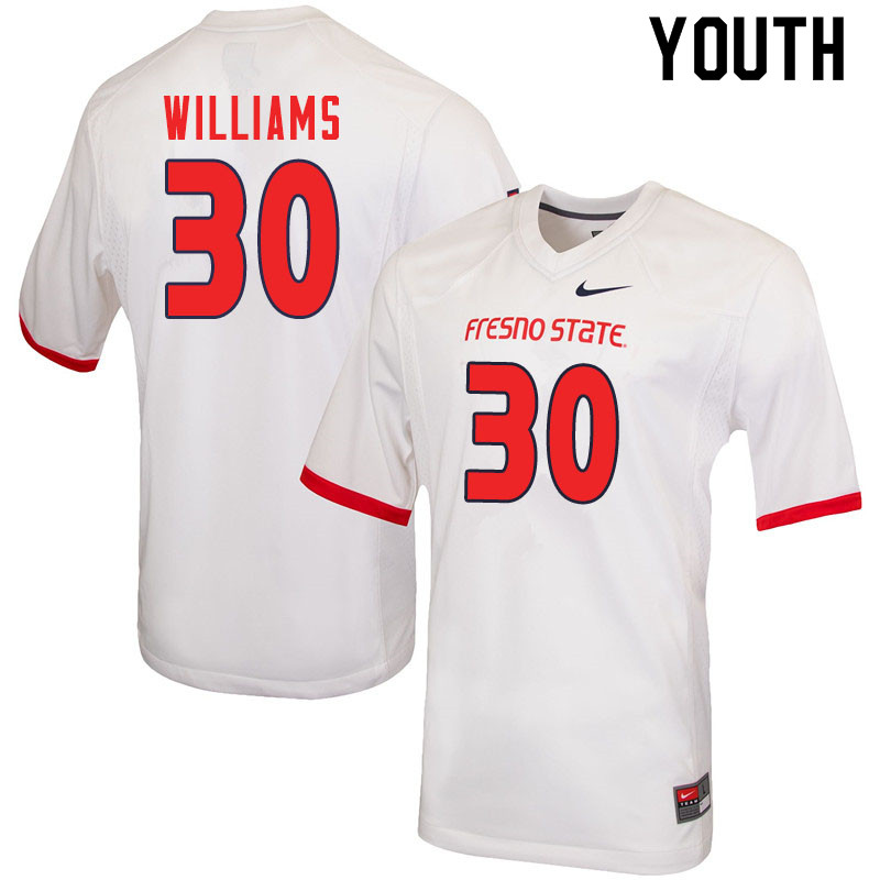 Youth #30 Khai Williams Fresno State Bulldogs College Football Jerseys Sale-White - Click Image to Close